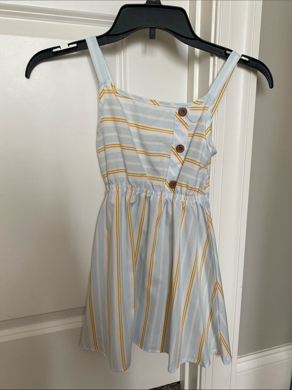 Striped Light Blue & Yellow Button-Trim Sundress